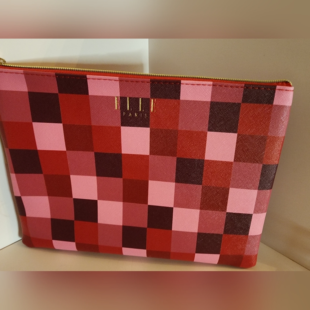 Elle Paris Red and Pink Checkered Cosmetic Bag